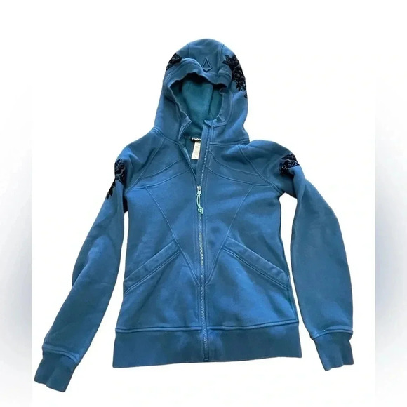 Ivivva Lululemon Blue Hoodie With Black Velvet Flowers Size  12 - Picture 2 of 9
